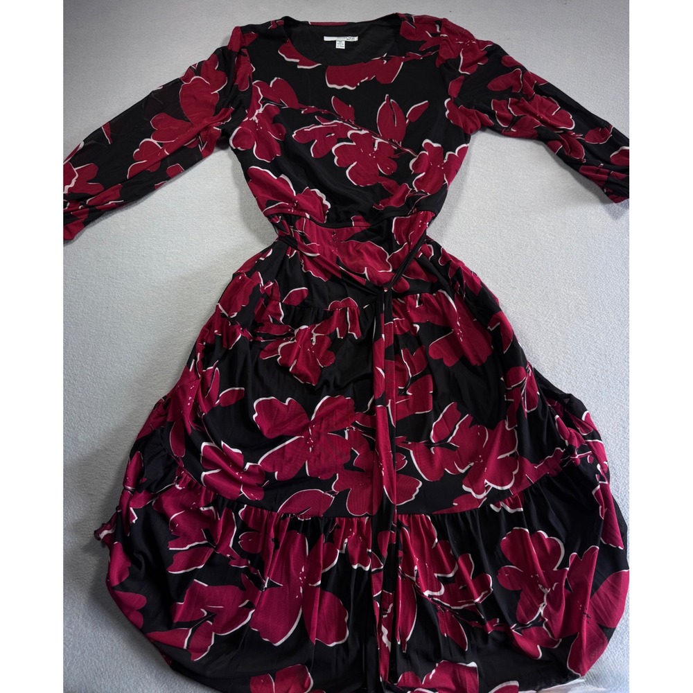 Studio One New York Womens Floral Faux Wrap Midi Dress Blk Magenta Long Sleeve M